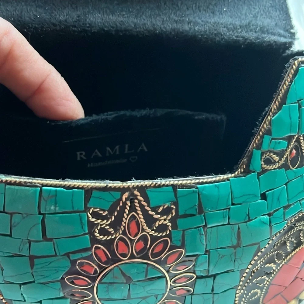 🆕 RAMLA Handmade Moroccan Turquoise Tile Mosaic Clutch Crossbody Bag Gold Chain